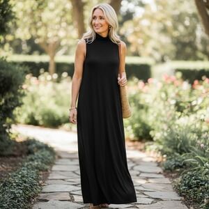Garnet Hill Sleeveless Maxi Dress Mock Neck Black Minimalist Stretch Sz XS‎